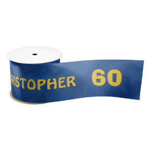 60th Birthday Blue Gold For Him Grunge Text A01Z Satin Ribbon