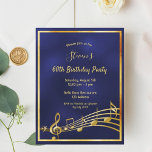 60th birthday blue gold music notes invitation postcard<br><div class="desc">On front: A trendy, modern 60th birthday party invitation card for men. A dark blue, navy blue background. The blue colour is uneven. With a faux gold frame and music notes, golden coloured letters. Templates for your party information. Back: white background. Tip: If you don't want it to look like...</div>