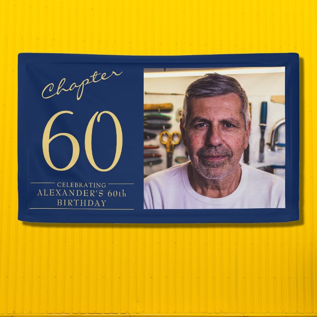 60th Birthday Blue Gold Photo Banner (Create your own unique 60th birthday party banner for that special occasion.)