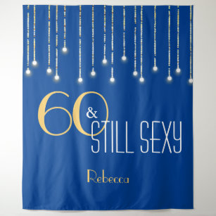 60th Birthday Blue Gold Photo Booth Backdrop Tapestry