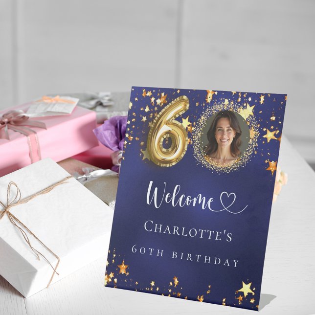 60th Birthday blue gold stars photo welcome Pedestal Sign (Creator Uploaded)
