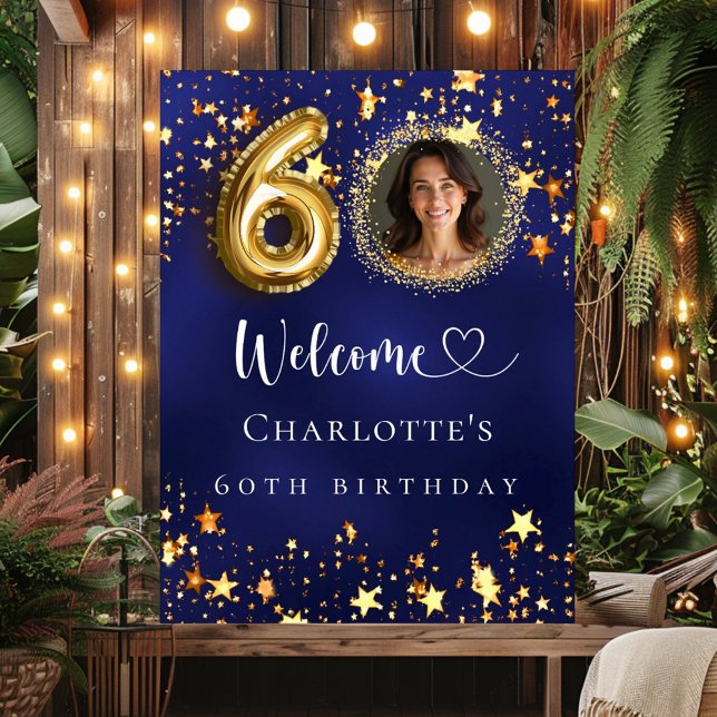 60th Birthday blue gold stars photo welcome Poster (Creator Uploaded)