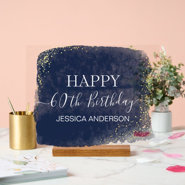 60th Birthday Blue Gold Watercolor Clear Acrylic Sign (Wedding)