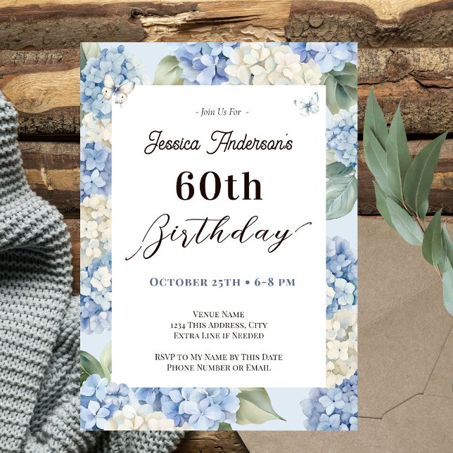 60th Birthday Blue Hydrangea Adult Garden Invitation (Creator Uploaded)