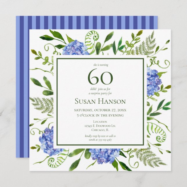 60th Birthday Blue Hydrangeas Surprise Party Invitation (Front/Back)