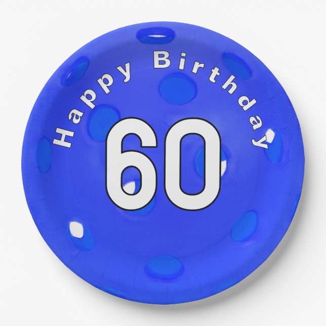 60th Birthday Blue Pickleball Paper Plate (Front)