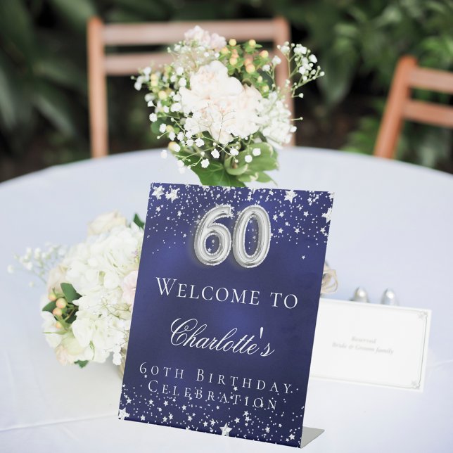 60th Birthday blue silver stars welcome party Pedestal Sign (Creator Uploaded)