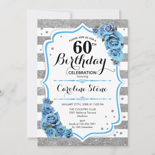 60th Birthday - Blue Silver White Stripes Invitation (Front)