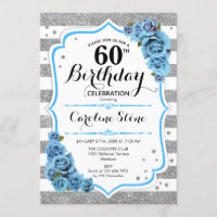 60th Birthday - Blue Silver White Stripes
