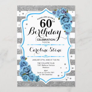 60th Birthday - Blue Silver White Stripes Invitation