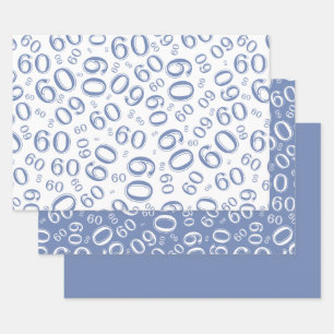 60th Birthday Blue & White Number Pattern 60 Wrapping Paper Sheet