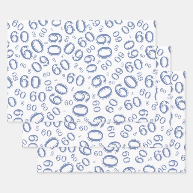 60th Birthday Blue/White Random Number Pattern 60 Wrapping Paper Sheet (Set)