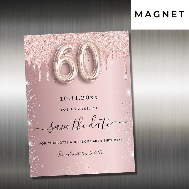 60th birthday blush glitter save the date magnet (Creator Uploaded)