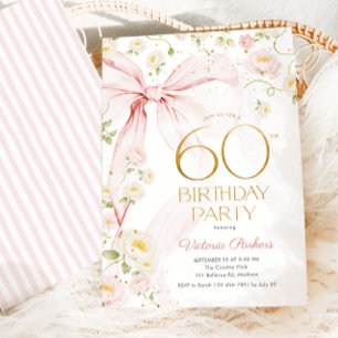 60th Birthday Blush Pink Bow Floral Invitation