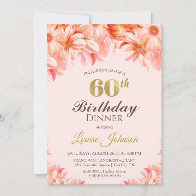 60th Birthday Blush Pink Gold Floral Dinner Party Invitation (Front)
