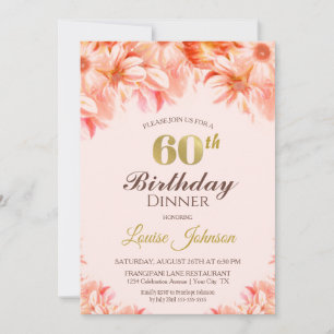 60th Birthday Blush Pink Gold Floral Dinner Party Invitation