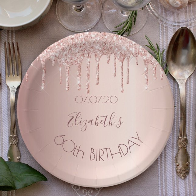 60th birthday blush rose gold glitter drips name paper plate (Creator Uploaded)