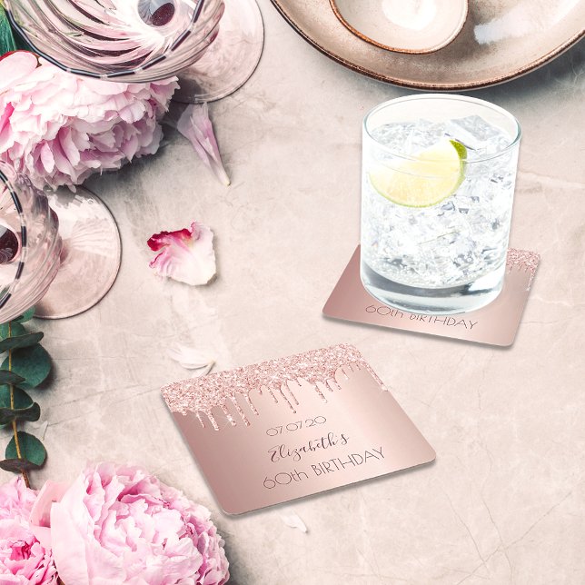 60th birthday blush rose gold glitter drips name square paper coaster (Creator Uploaded)