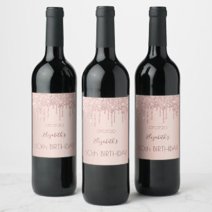 60th birthday blush rose gold glitter drips name wine label