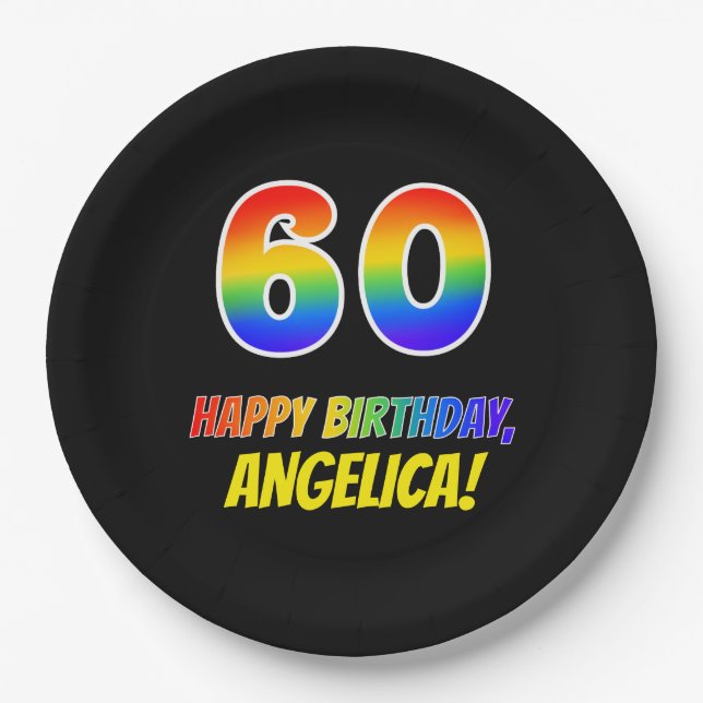 60th Birthday: Bold, Fun, Simple, Rainbow 60 Paper Plate (Front)
