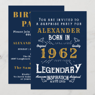 60th Birthday Born 1962 Blue Gold Retro Invitation