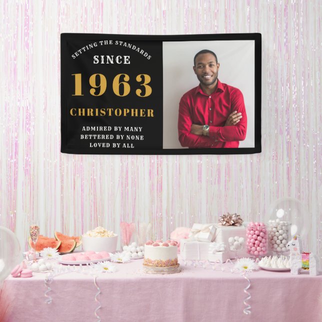 60th Birthday Born 1963 Add Name Black Gold Photo Banner (Party)