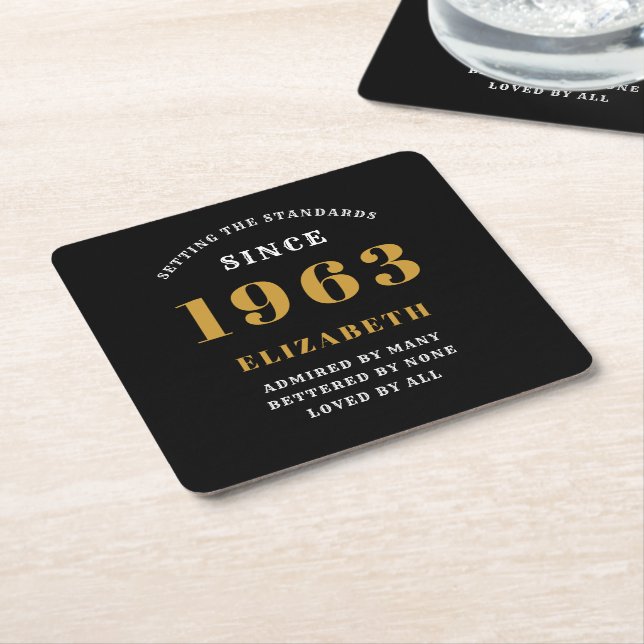 60th Birthday Born 1963 Add Name Black Gold Square Paper Coaster (Angled)