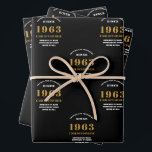 60th Birthday born 1963 Add Name Black Gold Wrapping Paper Sheet<br><div class="desc">A personalised wrapping paper design for that birthday celebration for a special person. Add the name to this vintage retro style black and gold design for a custom birthday gift. Easily edit the name and year with the template provided. A wonderful custom birthday gift. More gifts and party supplies for...</div>