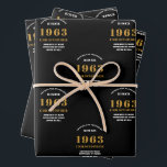 60th Birthday born 1963 Add Name Black Gold Wrapping Paper Sheet<br><div class="desc">A personalised wrapping paper design for that birthday celebration for a special person. Add the name to this vintage retro style black and gold design for a custom birthday gift. Easily edit the name and year with the template provided. A wonderful custom birthday gift. More gifts and party supplies for...</div>