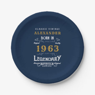 60th Birthday born 1963 Add Name Legend Blue Gold Paper Plate