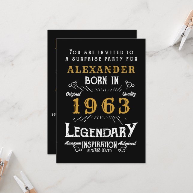 60th Birthday Born 1963 Black Gold Retro Invitation (Front/Back In Situ)