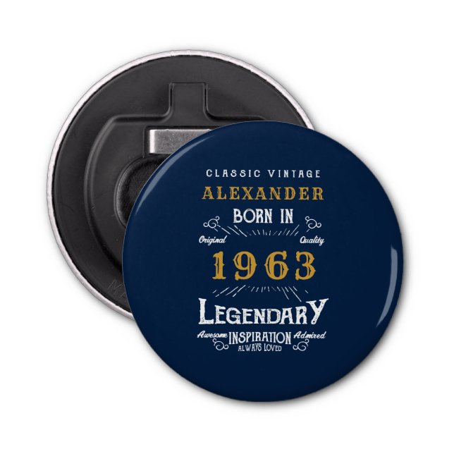 60th Birthday Born 1963 Legend Blue Gold Retro Bottle Opener (Front)