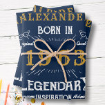 60th Birthday Born 1963 Vintage Blue Gold Legend Wrapping Paper Sheet<br><div class="desc">A personalised classic wrapping paper for that special birthday. Add the name to this vintage retro style blue, white and gold design for a custom birthday gift. Easily edit the name and year with the template provided. A wonderful custom blue birthday gift. More gifts and party supplies for that party...</div>