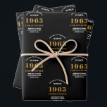 60th Birthday born 1965 Add Name Black Gold Wrapping Paper Sheet<br><div class="desc">A personalised wrapping paper design for that birthday celebration for a special person. Add the name to this vintage retro style black and gold design for a custom birthday gift. Easily edit the name and year with the template provided. A wonderful custom birthday gift. More gifts and party supplies for...</div>