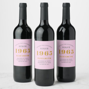 60th Birthday Born 1965 Add Name Pink Grey Wine Label