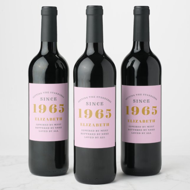 60th Birthday Born 1965 Add Name Pink Grey Wine Label (Bottles)