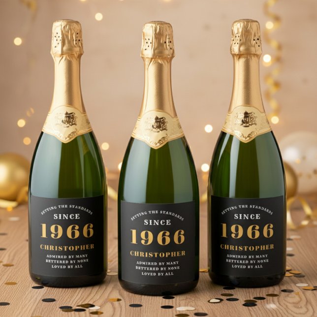 60th Birthday Born 1966 Add Name Black Gold Sparkling Wine Label (Born 1966 sparkling wine label. Background out of focus.)