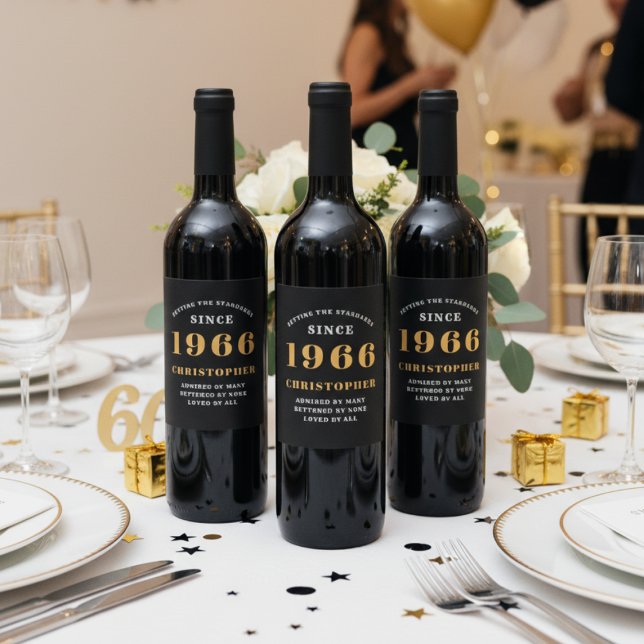 60th Birthday Born 1966 Add Name Black Gold Wine Label (3 wine bottles on a birthday party table.)
