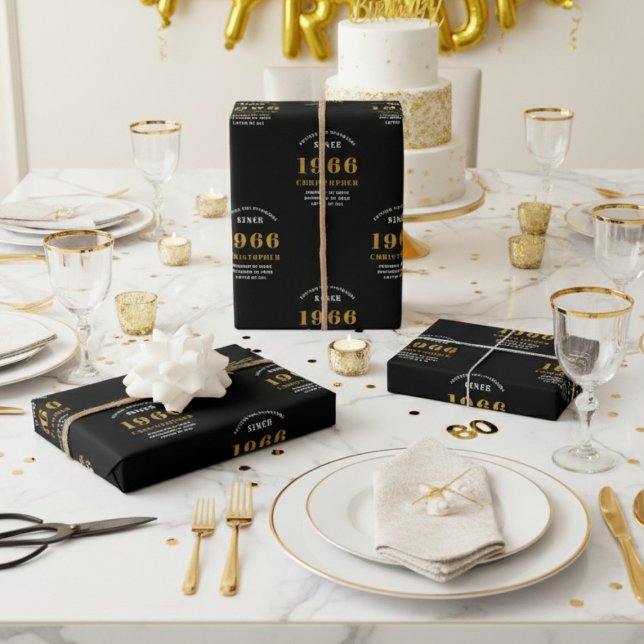 60th Birthday born 1966 Add Name Black Gold Wrapping Paper Sheet (1966 wrapping paper white background.)