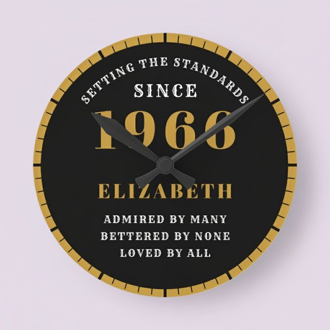 60th Birthday Born 1966 Black Gold Round Clock (Born 1966 standards birthday clock. Pastel background.)