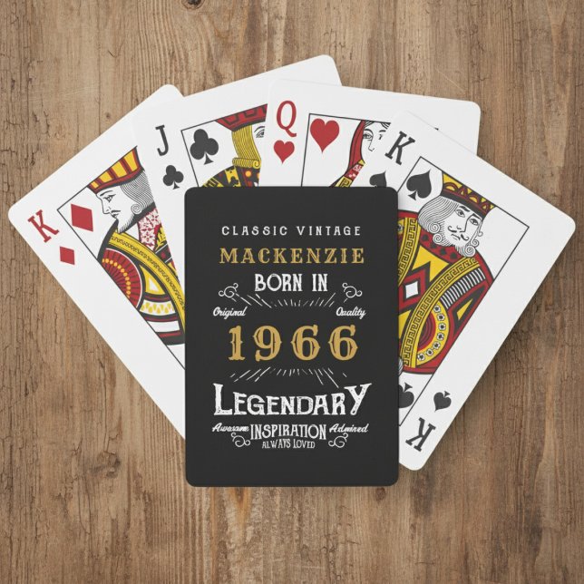 60th Birthday Born 1966 Legend Black Gold Playing Cards (Born 1966 playing cards on a wood background.)