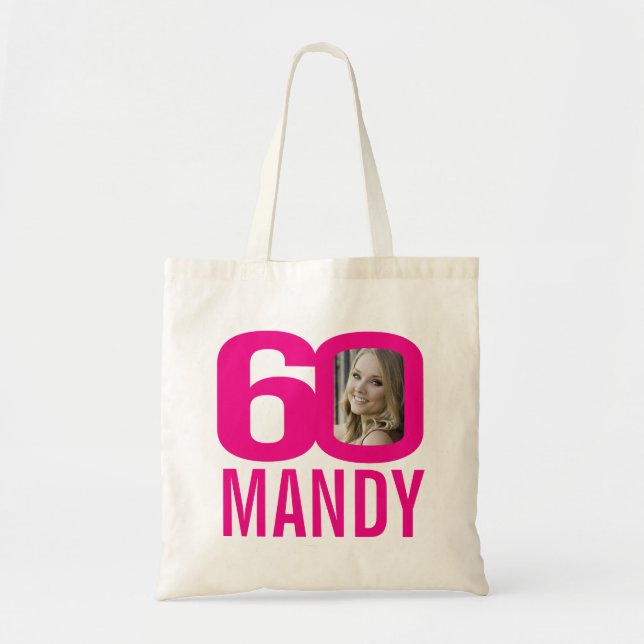 60th birthday bright pink 60 custom photo tote bag (Front)