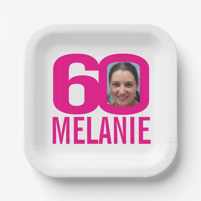 60th birthday bright pink white 60 custom photo paper plate (Front)
