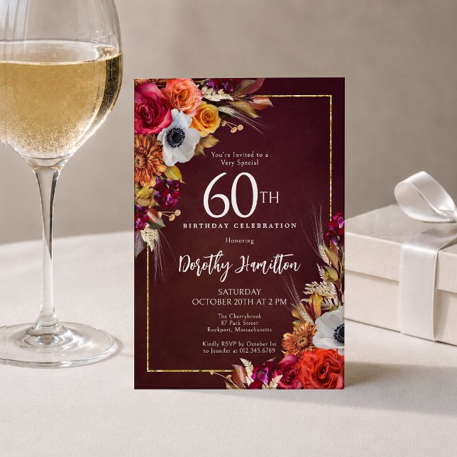 60th Birthday Burgundy Fall Flowers Elegant Script Invitation (Creator Uploaded)