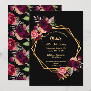 60th birthday burgundy floral gold geometric black invitation