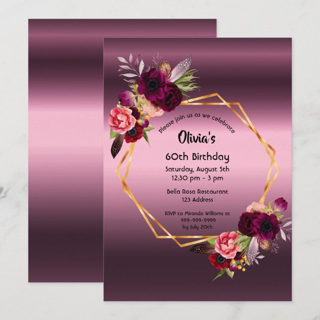 60th birthday burgundy florals purple geometric invitation (Front/Back)