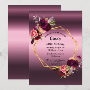 60th birthday burgundy florals purple geometric invitation