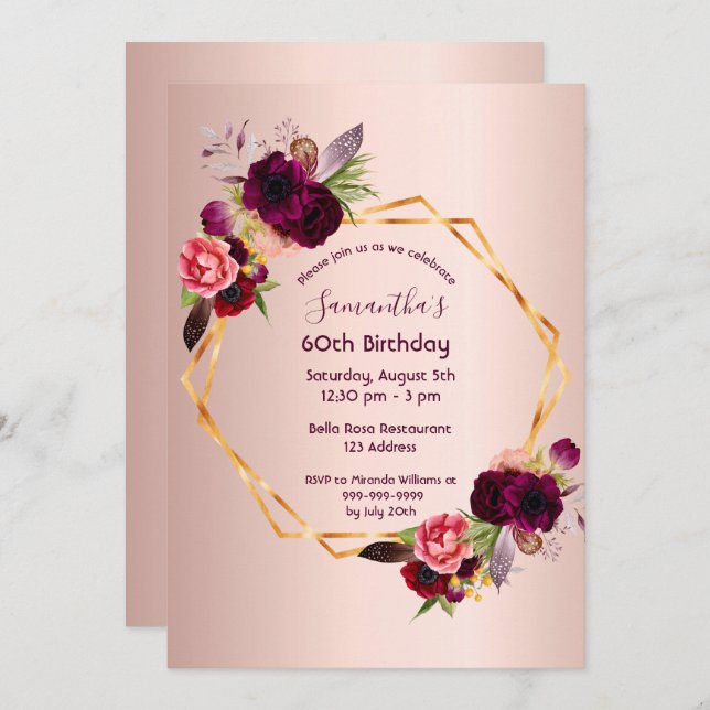 60th birthday burgundy florals rose gold geometric invitation (Front/Back)