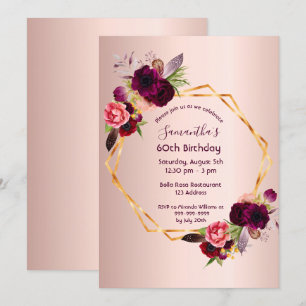 60th birthday burgundy florals rose gold geometric invitation