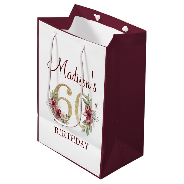 60th Birthday Burgundy Gold Floral personalised Medium Gift Bag (Front Angled)